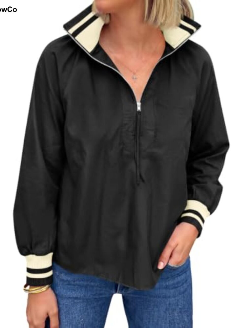 Womens Half Zip Pullover Long Sleeve Color Block Blouse Dressy Casual V Neck